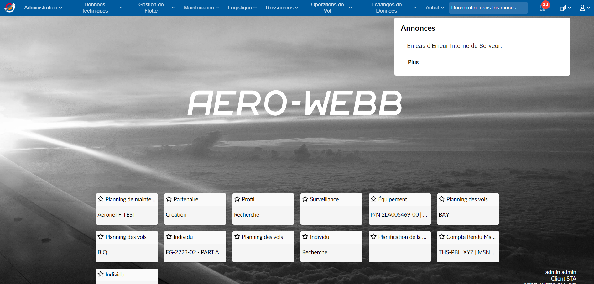 Ecran accueil Aero-Webb