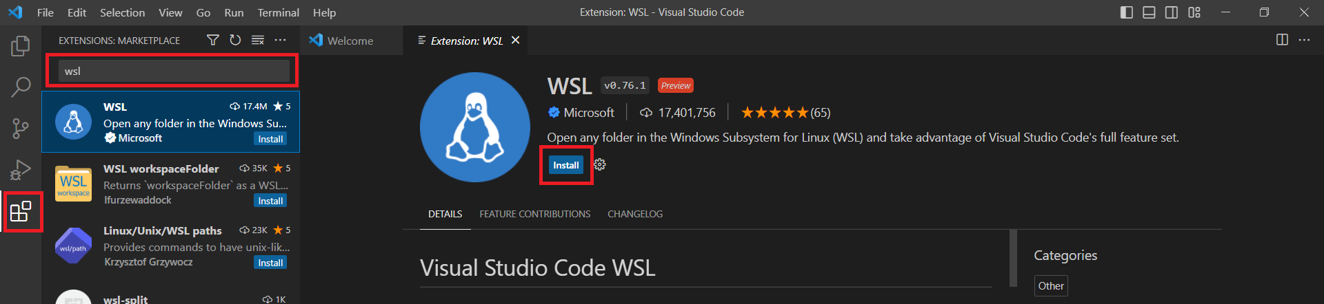 WSL installation extension on vsCode